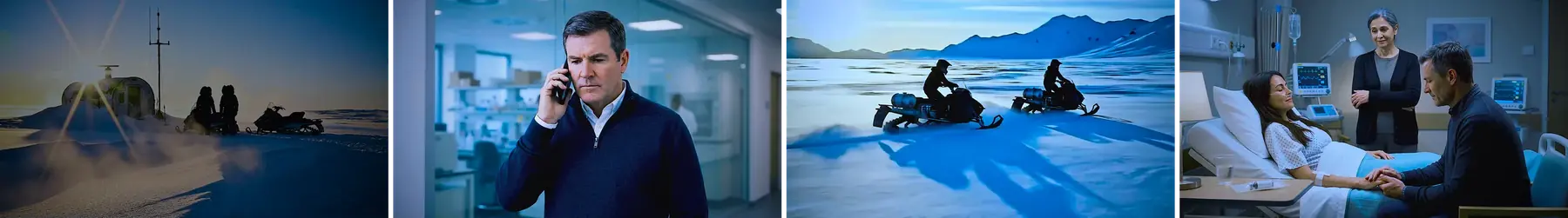 Four frames from COLD START: arctic dawn, a scientist on the phone in a lab, snowmobiles on ice, a hospital bedside.