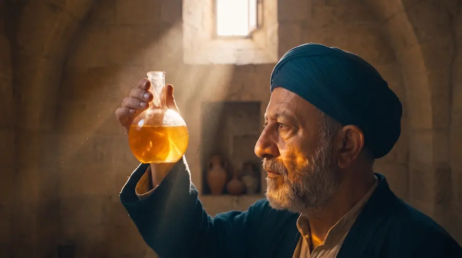 A physician reading a glass flask