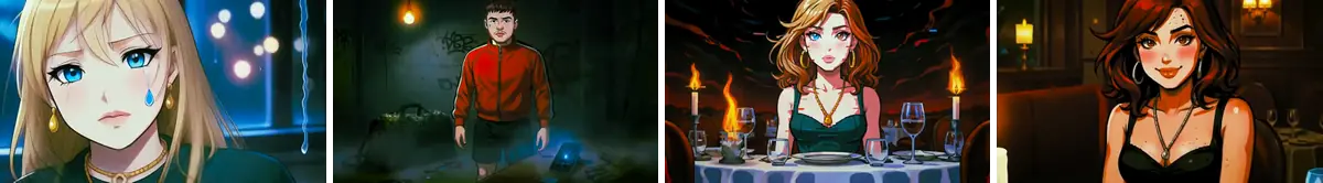 Four frames from Modd, real life: a crying anime girl in blue light, a man in a red jacket in a dark alley, a woman at a candlelit table, and the same woman smiling in a restaurant.